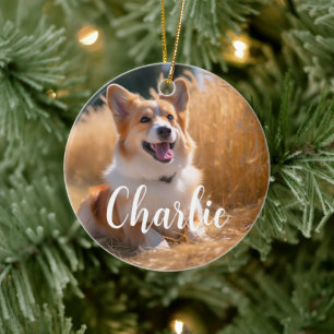 Aangepaste huisdierfoto met naam keramisch ornament