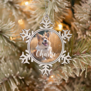 Aangepaste huisdierfoto met naam tin sneeuwvlok ornament