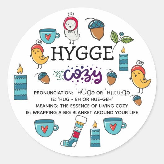 Aangepaste Hygge Betekenis Uitspraak Cute Doodles Ronde Sticker (Voorkant)
