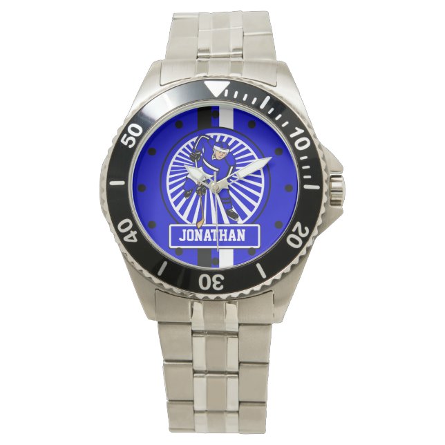 Aangepaste Ice Hockey Player Blue Horloge (Voorkant)
