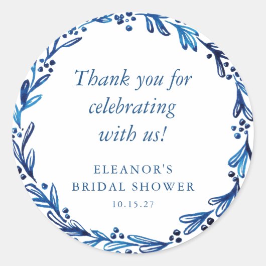 Aangepaste Indigo Blauwe Inkt Botanische Bruidsont Ronde Sticker (Voorkant)
