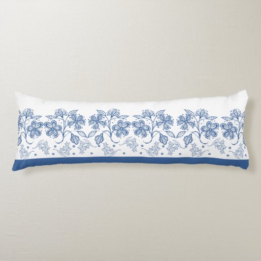 Aangepaste Indigo Blue Floral Border Body Pillow Lichaamskussen (Voorkant)