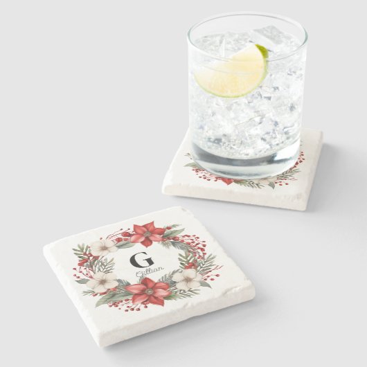 Aangepaste Initiaal Letternaam Kerstkransgeschenk Stenen Onderzetter (Zijkant)