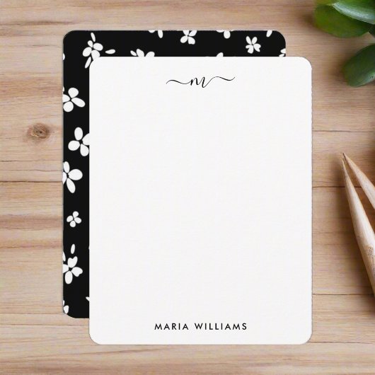 Aangepaste Initiaal naam l Zwart & wit Bloemen Scr Notitiekaartje