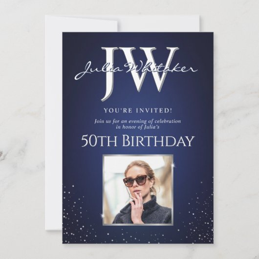 Aangepaste Initialen Elegant 50ste Verjaardag Blau Kaart (Voorkant)