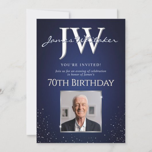 Aangepaste Initialen Elegant 70ste Verjaardag Blau Kaart (Voorkant)