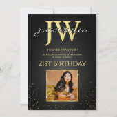 Aangepaste Initialen Elegant Zwart Goud 21ste Verj Kaart (Voorkant)