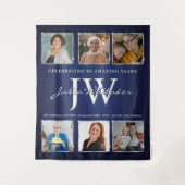 Aangepaste Initialen Verjaardag Banner Blue Silver Wandkleed (Voorkant)