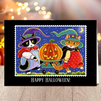 Aangepaste Jack O'Lantern Halloween Witch Cat Kaar Kaart