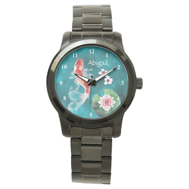 Aangepaste Japanse Koi Fish, Cherry Blossom Horloge (Voorkant)