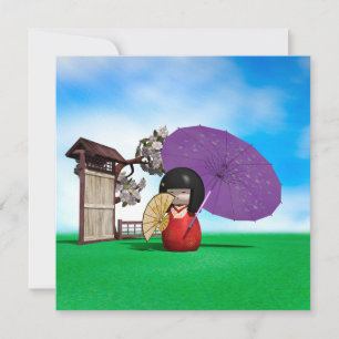 Aangepaste Japanse Kokeshi-pop Kunst van Kersenblo Feestdagenkaart