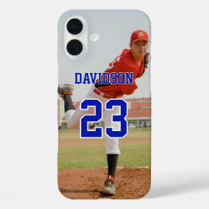 Aangepaste Jersey met blauwe tekst, fotonaam en ru iPhone 16 Plus Hoesje