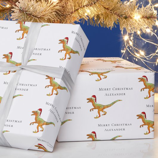 Aangepaste Jongensnaam Kerstmis Dinosaurus Velocir Cadeaupapier