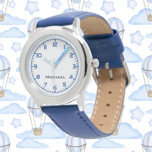 Aangepaste jongensnaam Steel Blue Leather Strap Ki Horloge