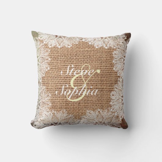 Aangepaste Jute Burlap en Lace Kussen (Voorkant)