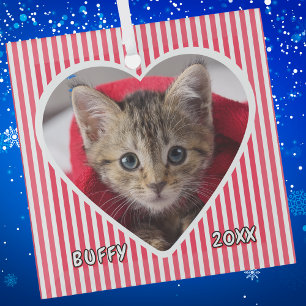 Aangepaste kat op rood en wit gestreepte hart op glas ornament