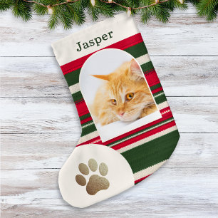 Aangepaste kattenfoto en naam Rood groen gestreept Kleine Kerstsok