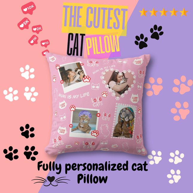 Aangepaste Kattenkussen met Gezichtfoto's & Katten Kussen (Fully Personalized Cat Throw Pillow, Custom Your Cat Pillow, Add Cat Photo, Cat Name )