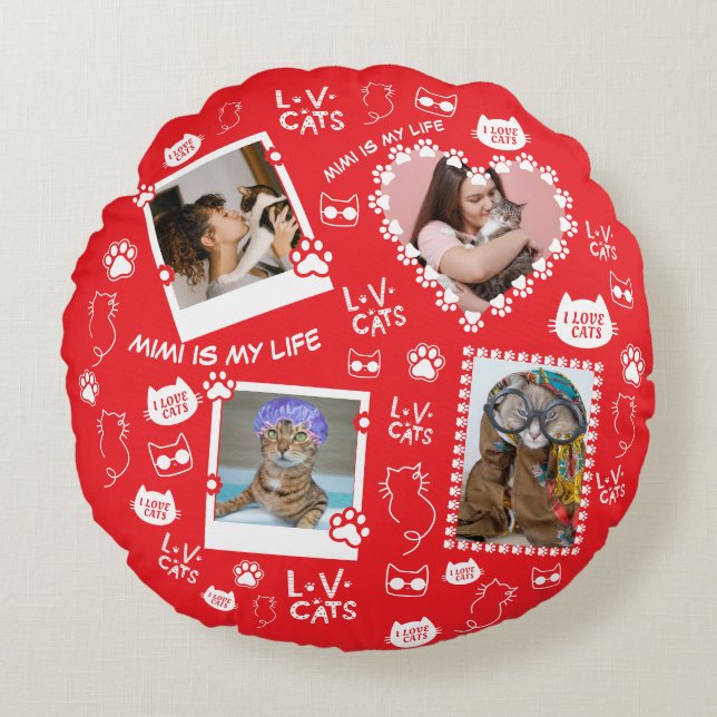Aangepaste Kattenkussen met Gezichtfoto's & Katten Rond Kussen (Voorkant)