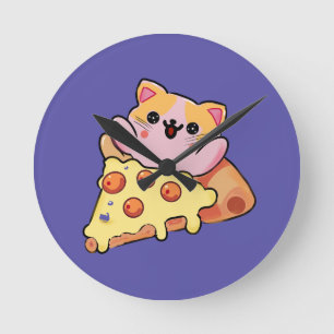 Aangepaste Kawaii Kat Knuffelt Pepperoni Pizza Car Ronde Klok