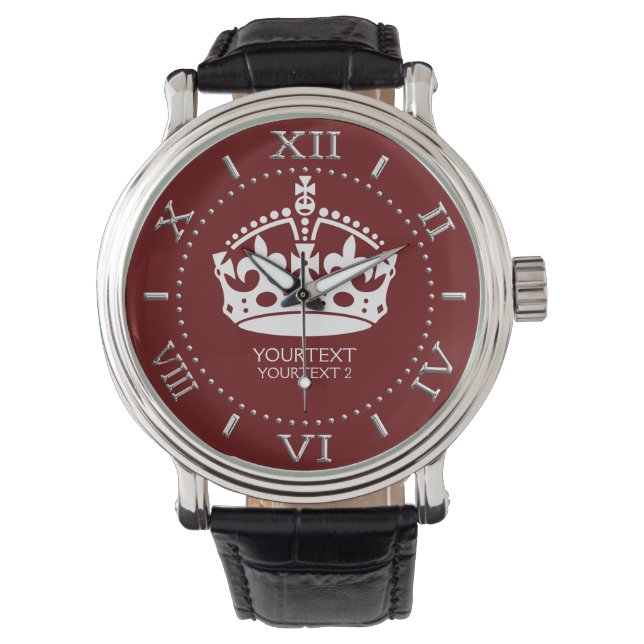 Aangepaste 'Keep Calm Crown'-actie Burgundy Red Ac Horloge (Voorkant)