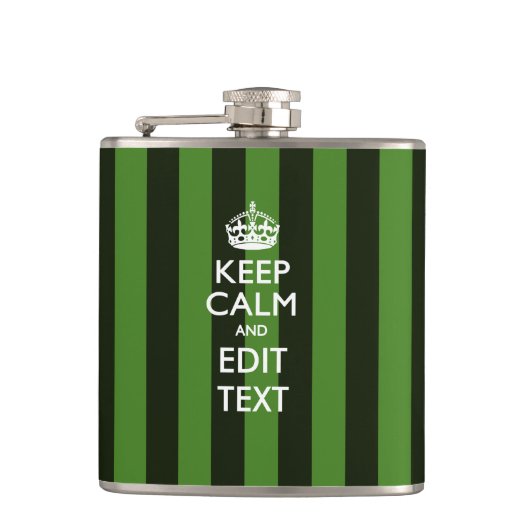 Aangepaste 'Keep Calm'-Jouw tekst op groene strepe Heupfles (Voorkant)