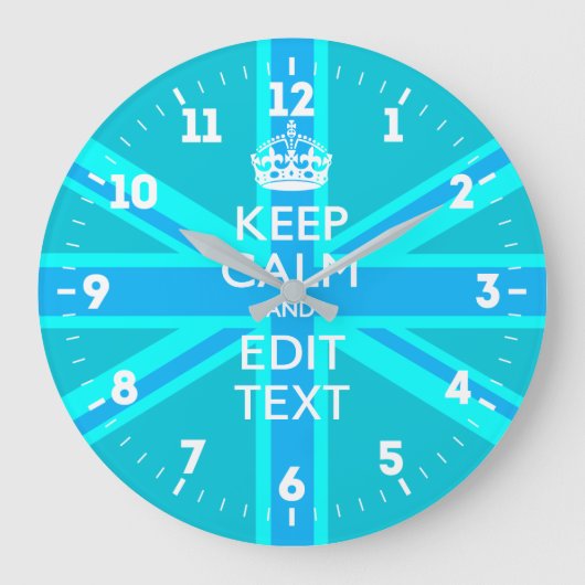 Aangepaste Keep Calm Jouw tekst UK Flag Sky Blue Grote Klok (Voorkant)