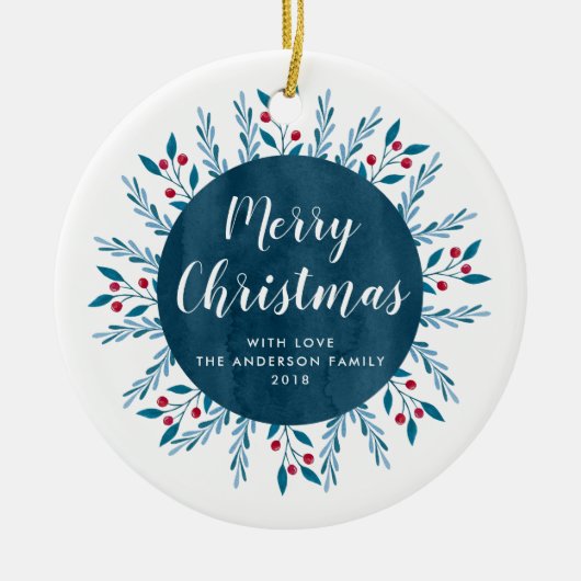 Aangepaste kerstblauwe Waterverf Floral Keramisch Ornament (Voorkant)