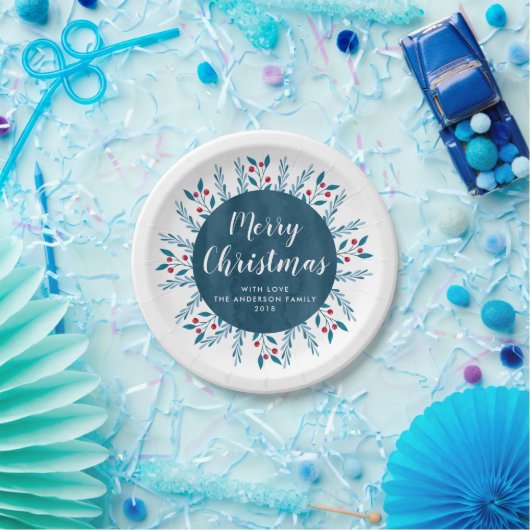 Aangepaste kerstblauwe Waterverf Floral Papieren Bordje (Feest)