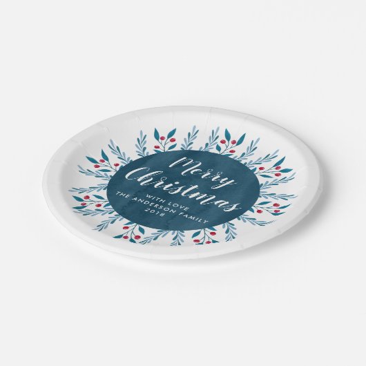 Aangepaste kerstblauwe Waterverf Floral Papieren Bordje (Gekanteld)