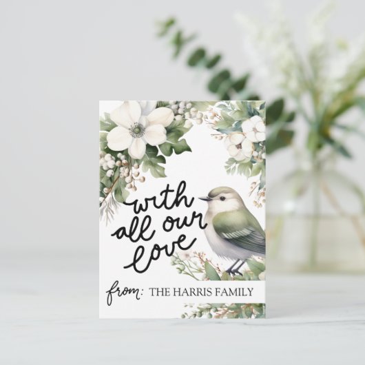 Aangepaste Kerstbloemen & Vogel – Al onze Liefde Briefkaart (Staand voorkant)