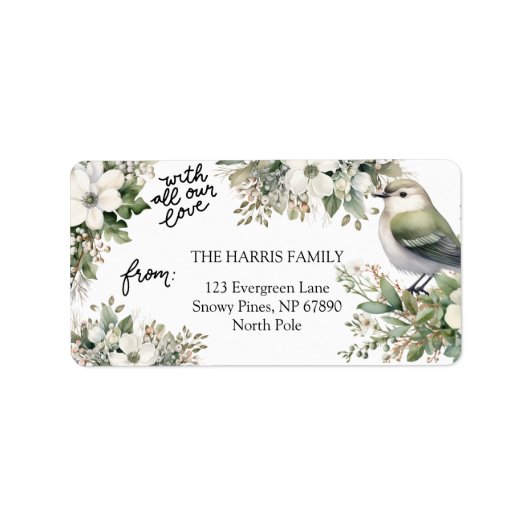 Aangepaste Kerstbloemen & Vogel – Al onze Liefde Etiket (Voorkant)