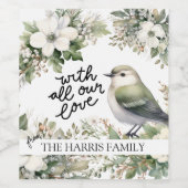Aangepaste Kerstbloemen & Vogel – Al onze Liefde Wijn Etiket (Enkel label)