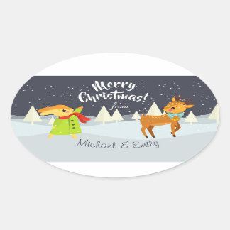 Aangepaste kerstbundel en deer-illustratie ovale sticker