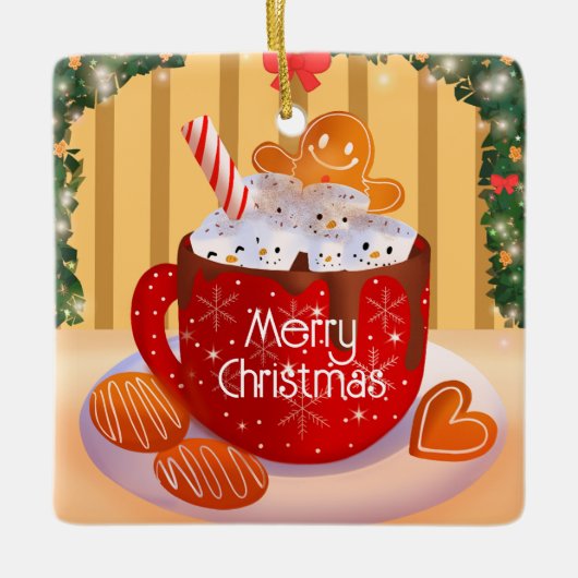 Aangepaste kerstfeestdag met warme chocolade keramisch ornament (Voorkant)