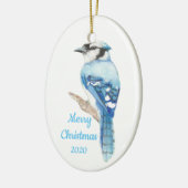 Aangepaste kerstfeestelijke Waterverf Blue Jay Bir Keramisch Ornament (Links)