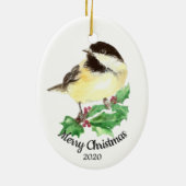Aangepaste kerstfeestelijke Waterverf Chickadee Bi Keramisch Ornament (Achterkant)