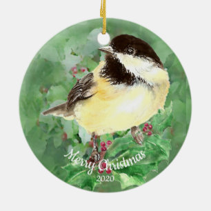 Aangepaste kerstfeestelijke Waterverf Chickadee Bi Keramisch Ornament