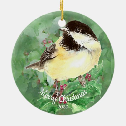 Aangepaste kerstfeestelijke Waterverf Chickadee Bi Keramisch Ornament (Achterkant)