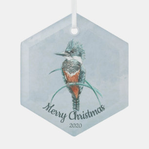 Aangepaste kerstfeestelijke Waterverf Kingfisher B Glas Ornament