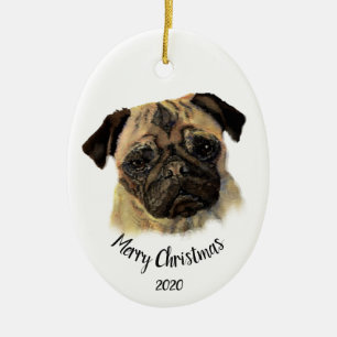 Aangepaste kerstfeestelijke Waterverf Pug Dog Pet Keramisch Ornament