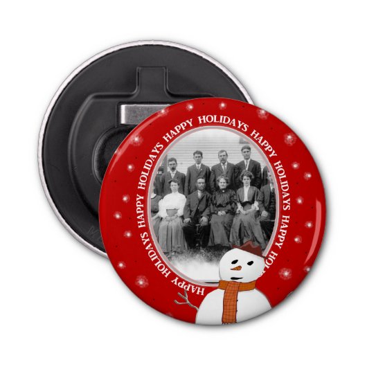 Aangepaste kerstfotoflesopening met Snowman Button Flesopener (Voorkant)