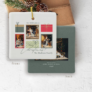 Aangepaste kerstkaart met 4 foto's   Rustieke rood Keramisch Ornament