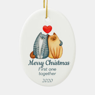 Aangepaste kerstkatten, eerste samen keramisch ornament