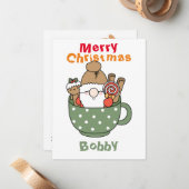 Aangepaste kerstkerstkerstman met een mok groen notitiekaartje (Voorkant / Achterkant in situ)