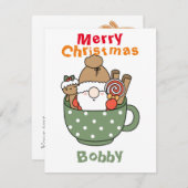 Aangepaste kerstkerstkerstman met een mok groen notitiekaartje (Voorkant / Achterkant)