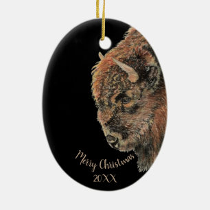 Aangepaste kerstkerstWaterverf Bison Buffalo Ce Keramisch Ornament
