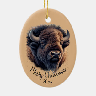 Aangepaste kerstkerstWaterverf Bison Buffalo Keramisch Ornament