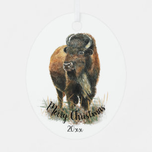 Aangepaste kerstkerstWaterverf Bison Buffalo Metalen Ornament