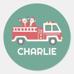 Aangepaste Kerstman op een Kerstmis Firetruck Ronde Sticker